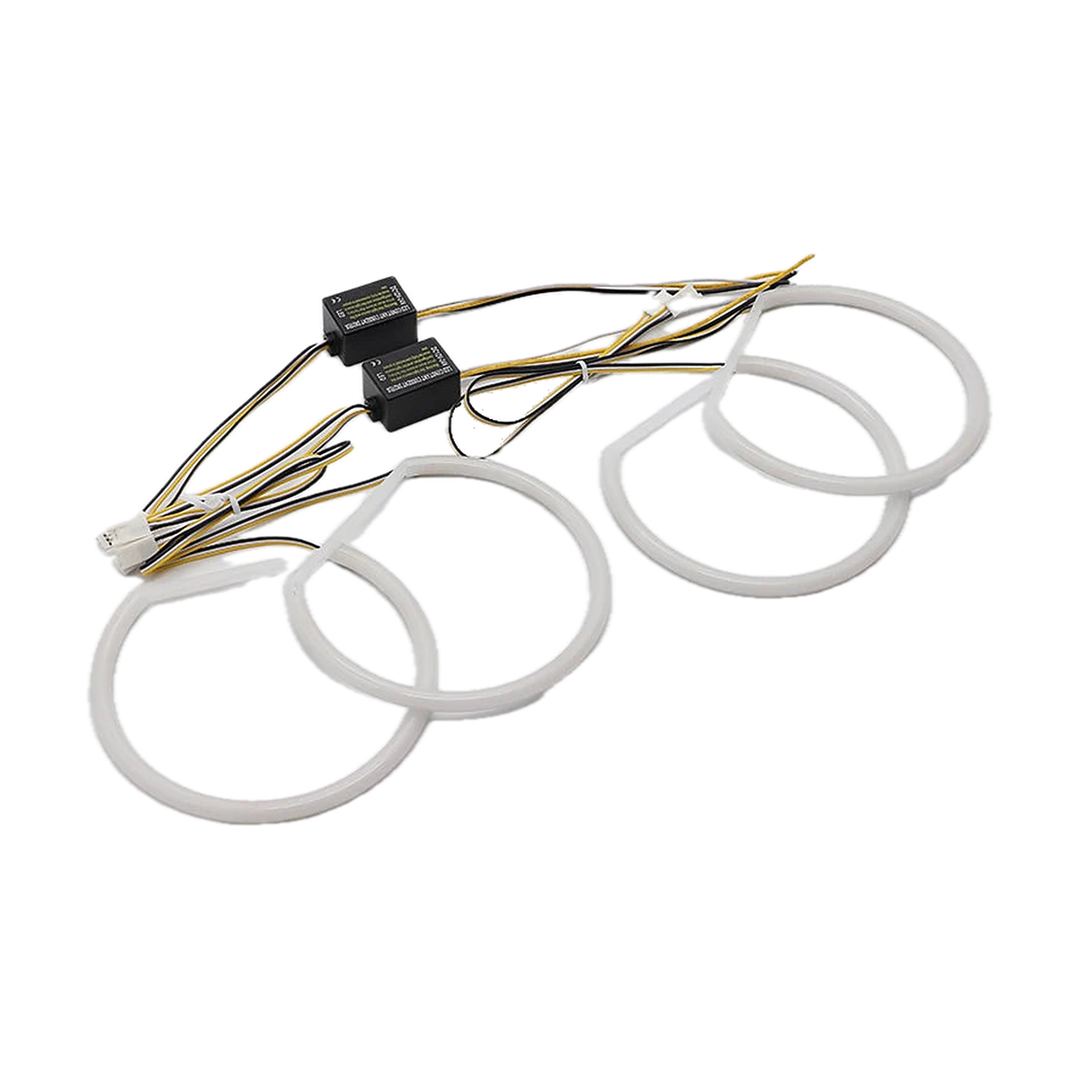 White and yellow switchback angel eye halo rings with two control modules, angled view, for BMW 3 Series E46 (1998-2006)