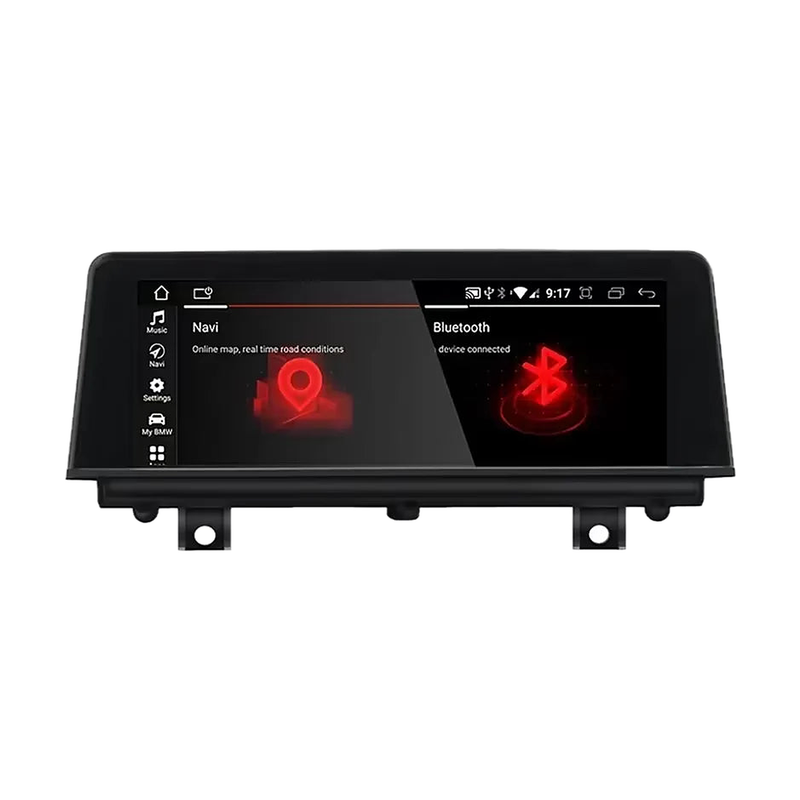 10.25 inch Android CarPlay screen with black housing and mounting brackets, front view, for BMW F20 / F30 / F32 NBT or EVO