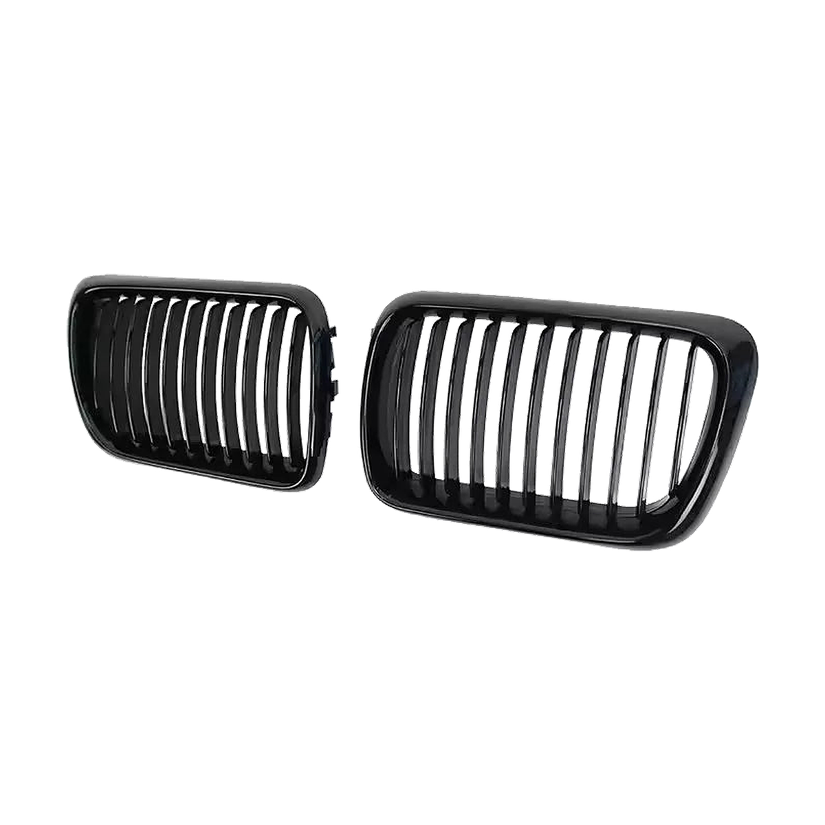 Glossy black double-line kidney grille pair, angled view, for BMW 3 Series E36 LCI (1996-1999)