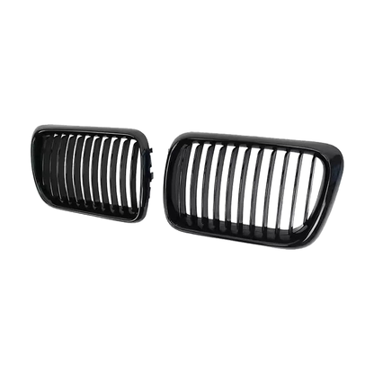 Glossy black double-line kidney grille pair, angled view, for BMW 3 Series E36 LCI (1996-1999)