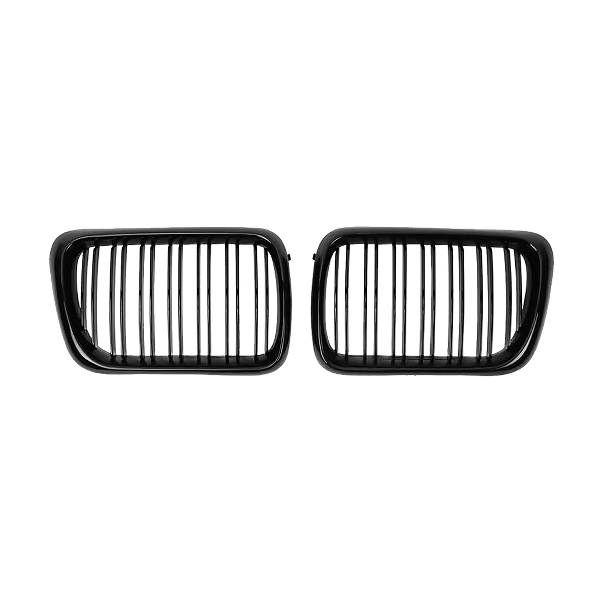 Glossy black double-line kidney grille pair, front view, for BMW 3 Series E36 LCI (1996-1999)