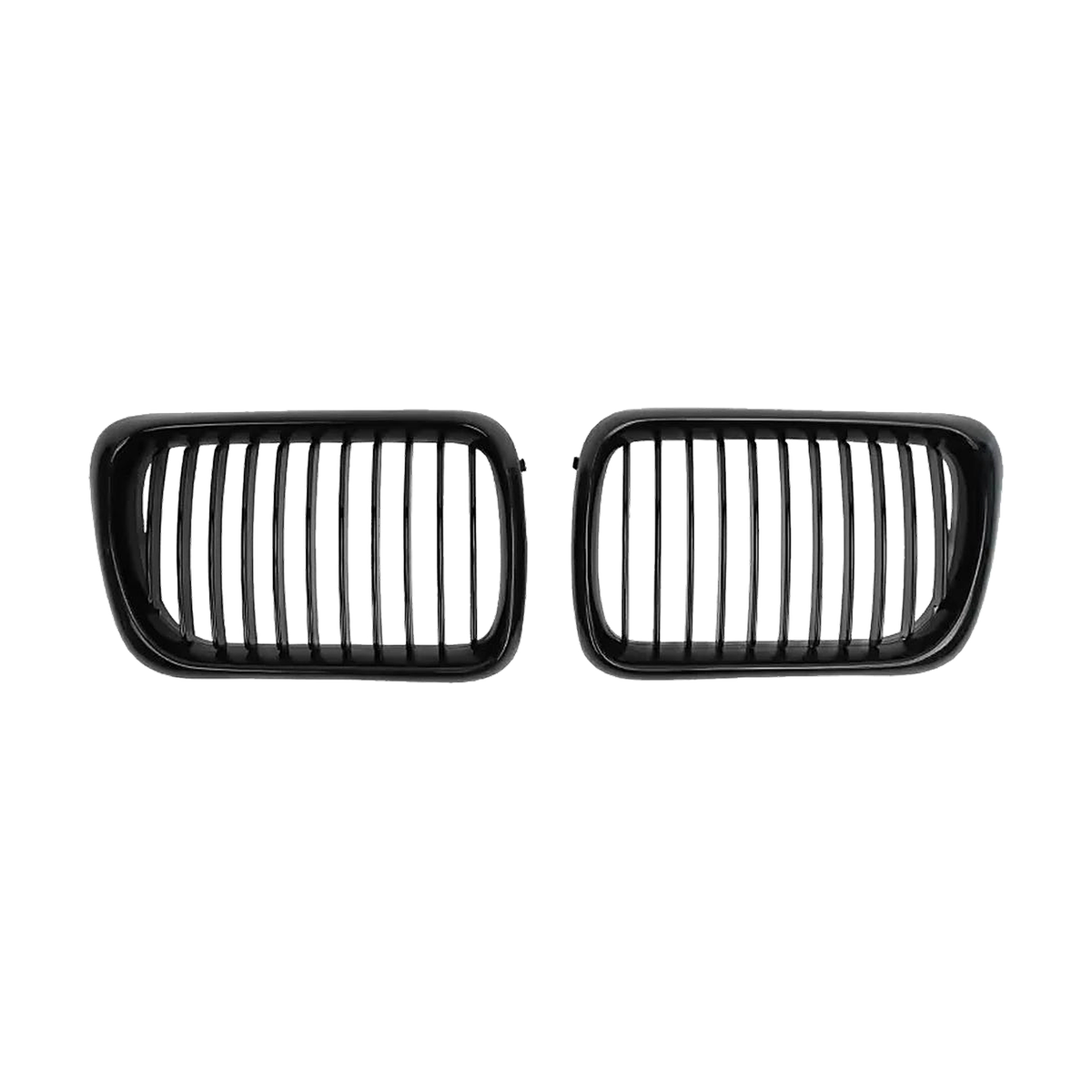 Glossy black single-line kidney grille pair, front view, for BMW 3 Series E36 LCI (1996-1999)