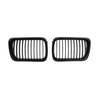Glossy black single-line kidney grille pair, front view, for BMW 3 Series E36 LCI (1996-1999)