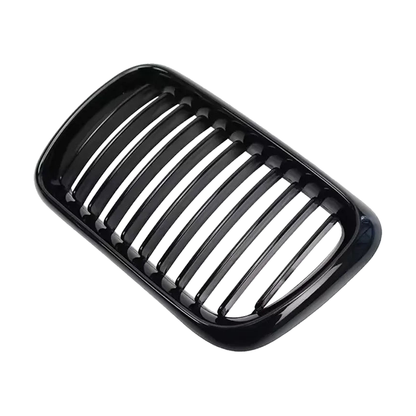 Glossy black single-line kidney grille, close angled view, for BMW 3 Series E36 LCI (1996-1999)