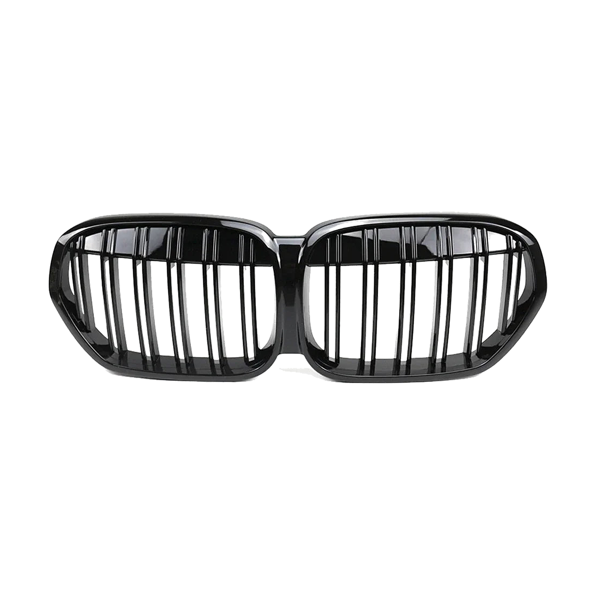Double line kidney grille pair, glossy black, front view, for BMW X1 F48 LCI (2019-2022)