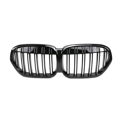 Double line kidney grille pair, glossy black, front view, for BMW X1 F48 LCI (2019-2022)