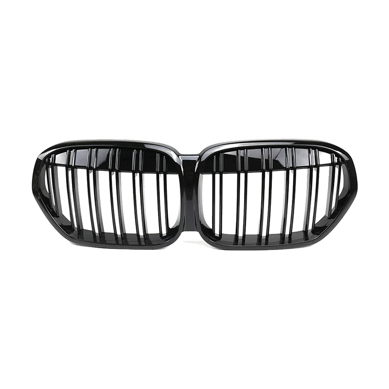 Double line kidney grille pair, glossy black, front view, for BMW X1 F48 LCI (2019-2022)