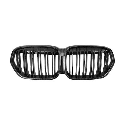 Double line kidney grille pair, gloss black carbon fiber look, front view, for BMW X1 F48 LCI (2019-2022)