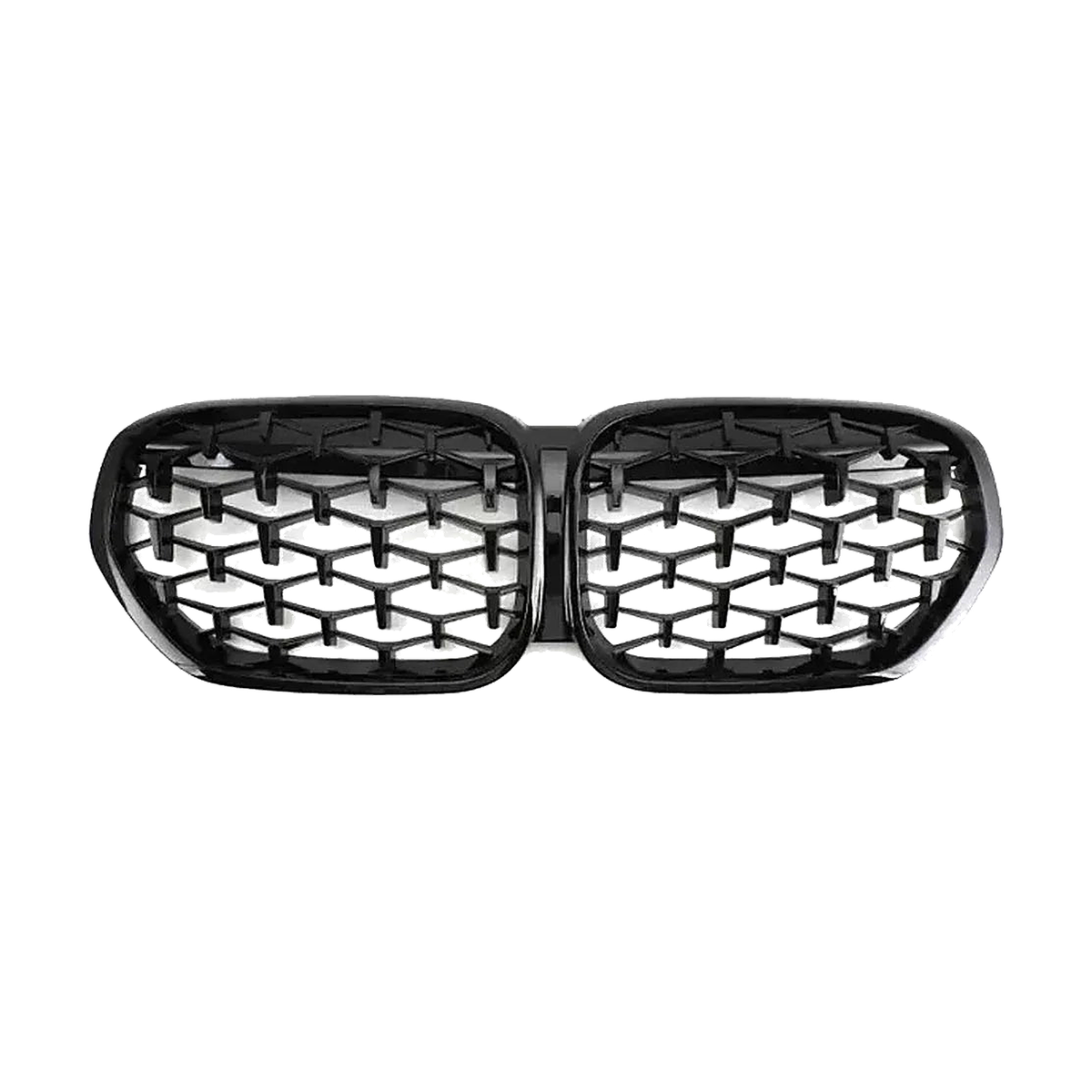 Diamond style kidney grille pair, glossy black, front view, for BMW X1 F48 LCI (2019-2022)
