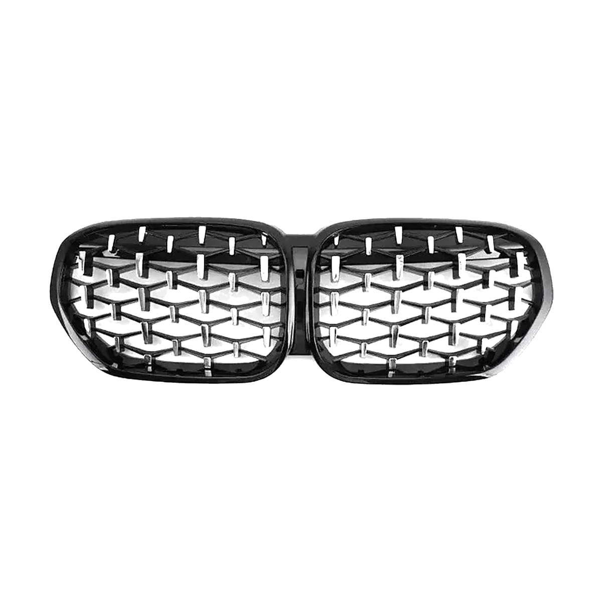 Diamond style kidney grille pair, chrome black, front view, for BMW X1 F48 LCI (2019-2022)