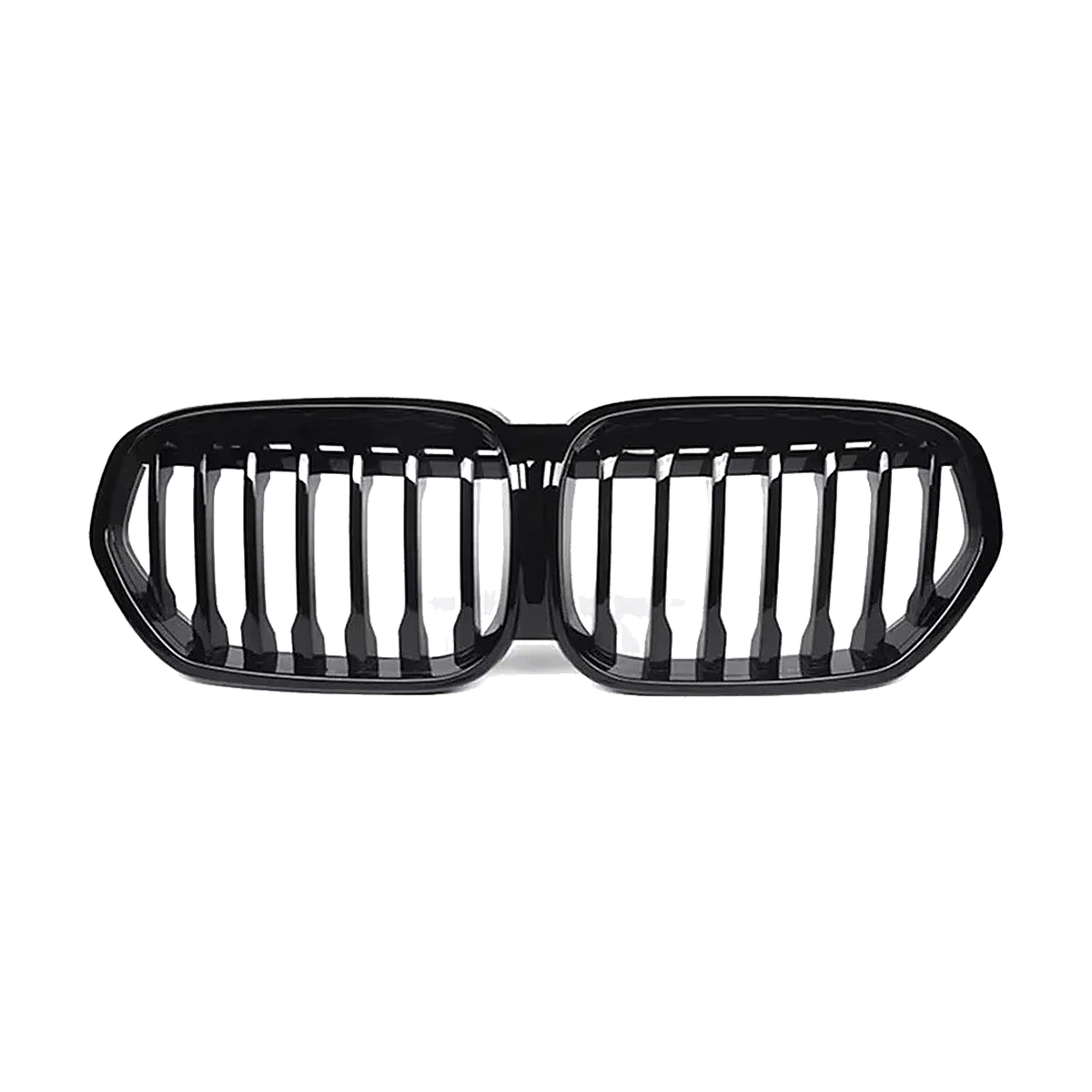 Single line kidney grille pair, glossy black, front view, for BMW X1 F48 LCI (2019-2022)