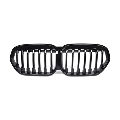 Single line kidney grille pair, glossy black, front view, for BMW X1 F48 LCI (2019-2022)