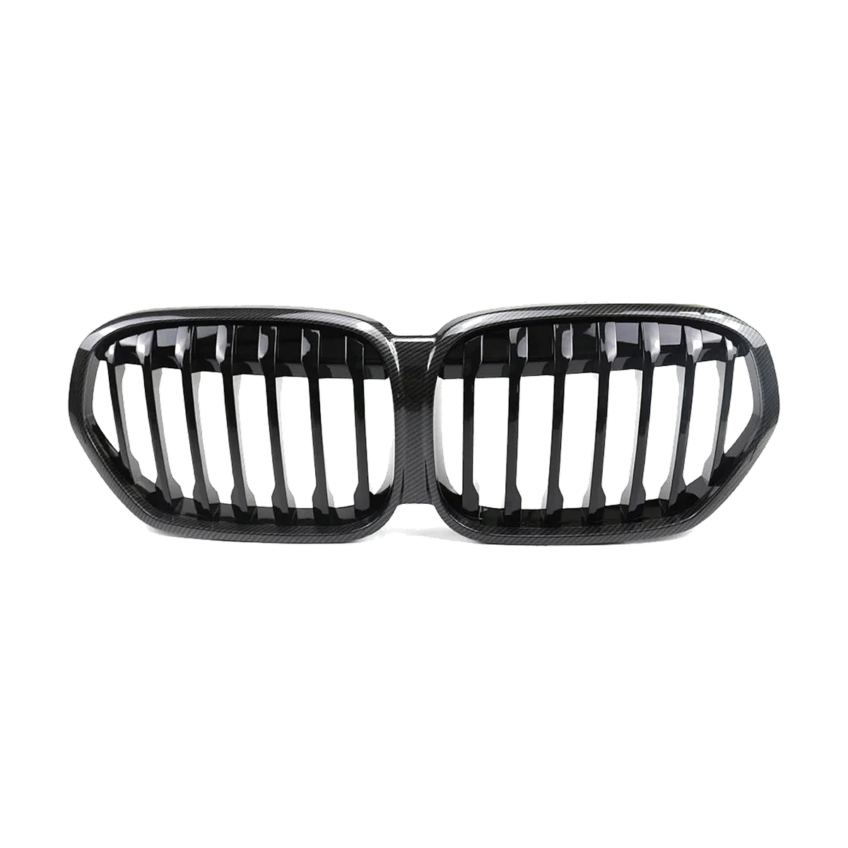 Single line kidney grille pair, gloss black carbon fiber look, front view, for BMW X1 F48 LCI (2019-2022)