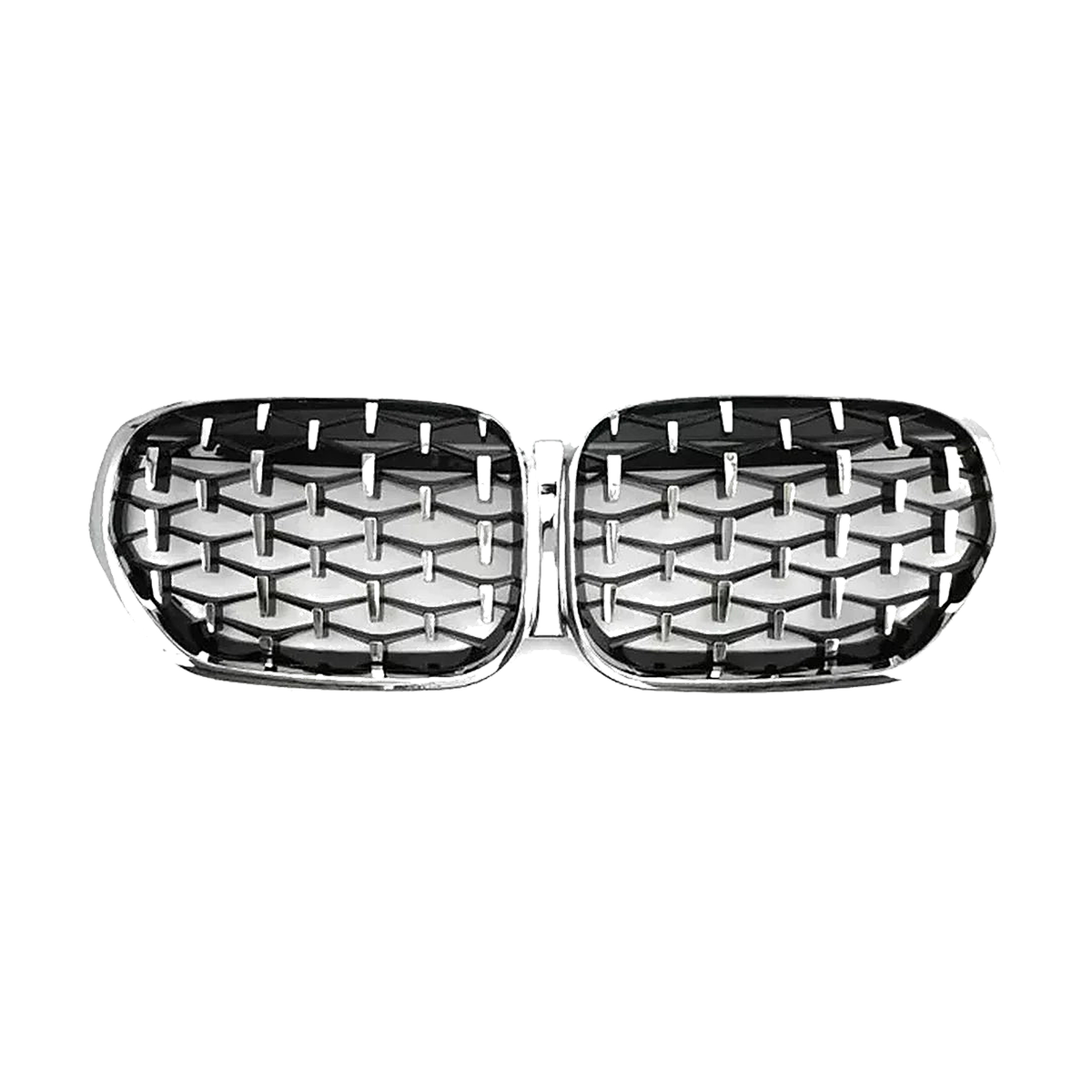Diamond style kidney grille pair, chrome silver, front view, for BMW X1 F48 LCI (2019-2022)