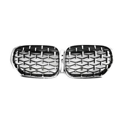 Diamond style kidney grille pair, chrome silver, front view, for BMW X1 F48 LCI (2019-2022)