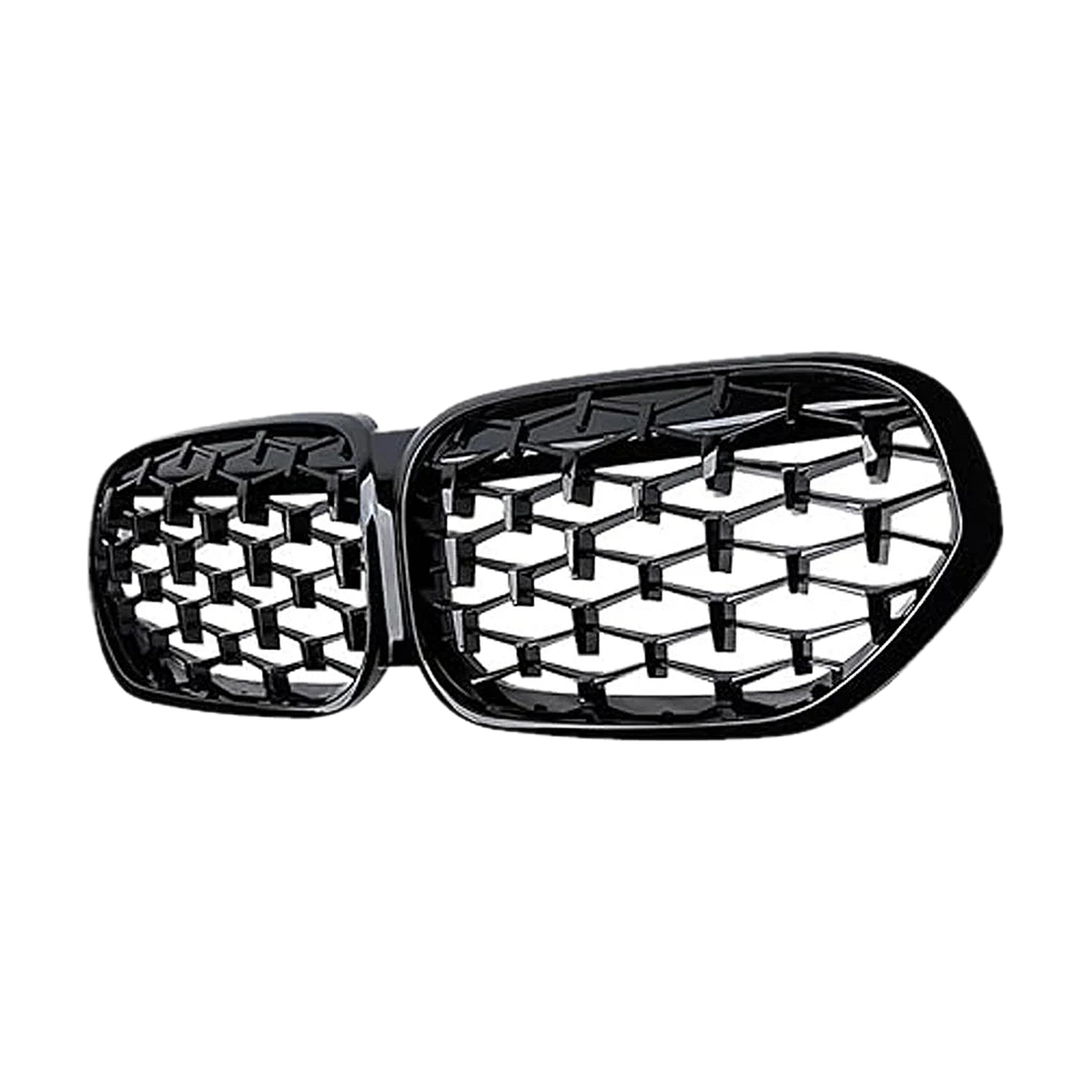 Diamond style kidney grille pair, glossy black, angled view, for BMW X1 F48 LCI (2019-2022)